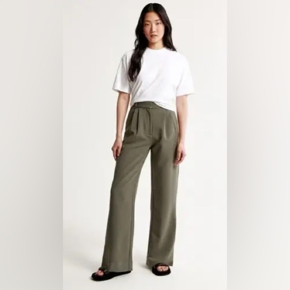 Abercrombie & Fitch Olive Green High-Waist Wide-Leg Trousers
